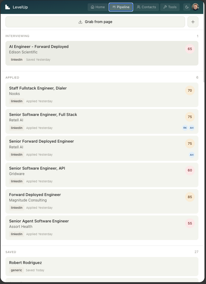 Pipeline view showing job opportunities organized by status